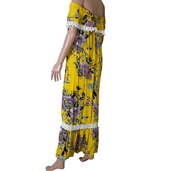 Umgee Sunny Yellow Floral On Off Shoulder Maxi Dress  Bottom Tier Ruffle Side MD - Picture 4 of 11